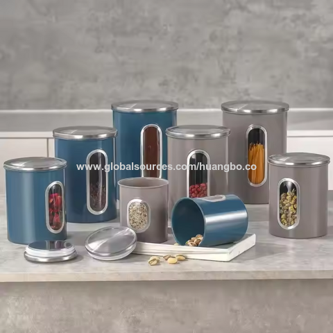 Novo conjunto de recipientes herméticos de aço inoxidável para armazenamento de alimentos com certificação BSCI, recipientes de cozinha multifuncionais para chá, café e açúcar