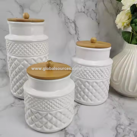 حار بيع أزياء أنيقة اكسسوارات المطبخ دائم جرة تخزين السيراميك مع غطاء خشبي جرة تخزين للديكور المنزلي for sale at factory direct price