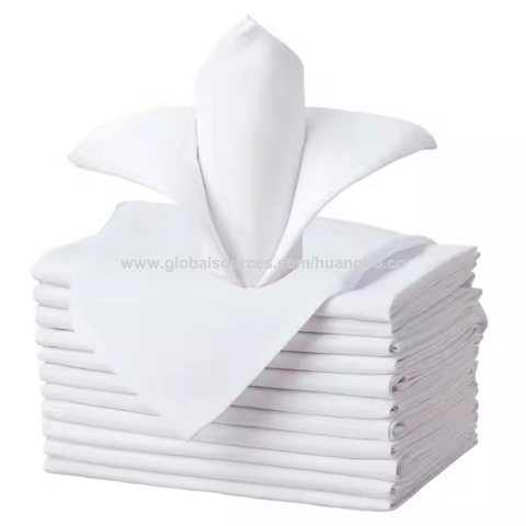 Venda por grosso de guardanapos brancos personalizados para restaurantes, hotéis e casamentos, em poliéster, cetim, algodão, damasco ou linho para eventos nupciais for sale at factory direct price