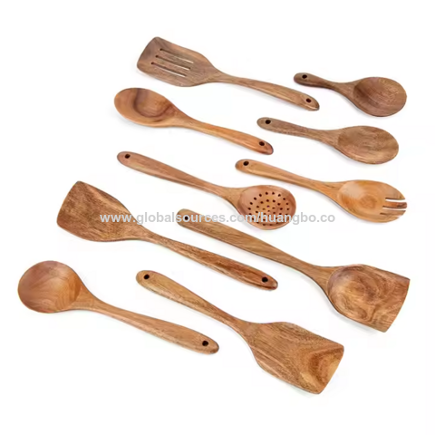 Conjuntos de utensílios de cozinha de madeira de acácia natural baratos e personalizados por atacado: colheres e espátulas com fenda para utensílios de cozinha