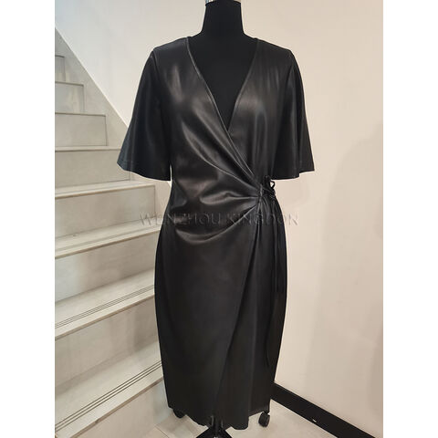 Fashion Women's Midi Dress Pu Fabric Sheath Dress V Neck Bodycon Dress