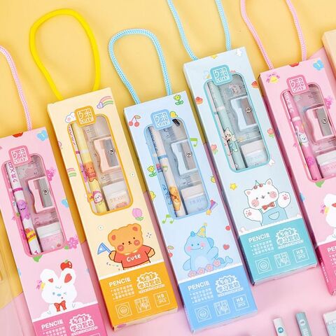 Ensemble de Papeterie pour Étudiants, Boîte Personnalisée, Cadeau Kawaii, Cahier, Crayon, Gomme, Règle, Fournitures Scolaires en Gros