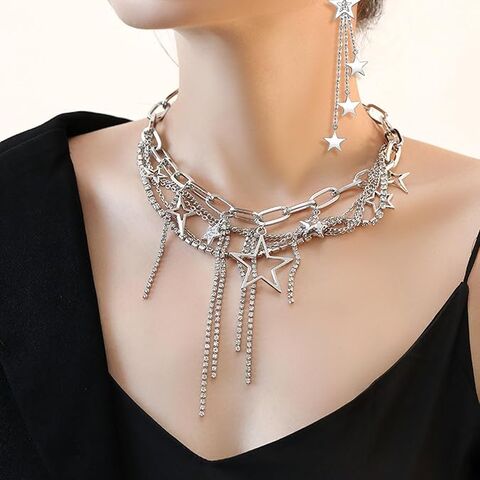 Fabrikpreis Layered Star Choker Halskette Y2k Statement Klobiger Strass Bling Fransen Quaste Kette Choker Halskette für Frauen for sale at factory direct price