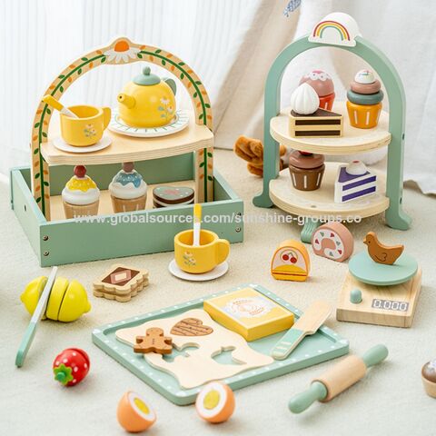 Ensemble de Thé pour Enfants Simulation Maison Jeu de Rôle Aire de Jeux Éducation Précoce Goûter Dessert Gâteau Jouets de Thé en Bois