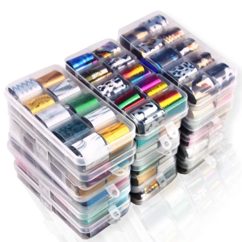 10 Rouleaux/Boîte Charmes Feuilles d'Ongles Vernis Autocollants Couleur Métal Papier Étoilé Transfert Feuille Emballages Adhésifs Décalcomanies Décorations d'Art d'Ongle for sale at factory direct price
