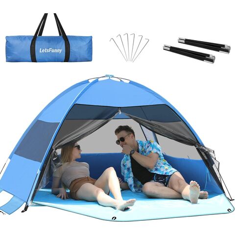 Grande Tente de Plage Facile à Installer, Abri Anti-UV avec Auvent Pare-Soleil avec Plancher Étendu et 3 Fenêtres en Maille Enroulables, Convient pour 3-4 Personnes, Portable