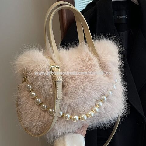 Bolso de mano esponjoso de moda, PU, perla, pequeño bolso cuadrado, cierre de cremallera, bandolera de un solo asa para mujer, otoño invierno