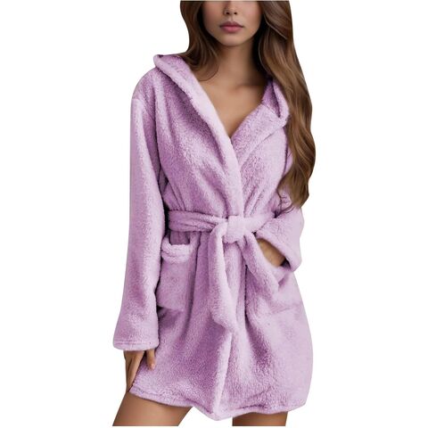 Robe de Lã com Capuz Feminina, Roupão Curto de Pelúcia, Roupão Kimono de Lã Macio e Quente, Roupão de Banho Leve de Inverno com Bolsos