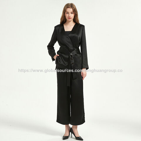 Blazer Femme Noir Col en V Acétate Satin Costume Chemisier et ensemble pantalon