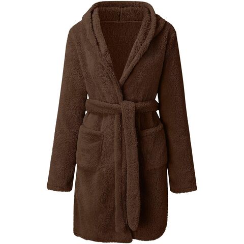 Peignoir Polaire Femme Mi-Longue Robe de Chambre Ceinturée Doux Vêtement d'Intérieur Peignoir Kimono Polaire Nuage avec Poche Automne Hiver Peignoir Spa for sale at factory direct price