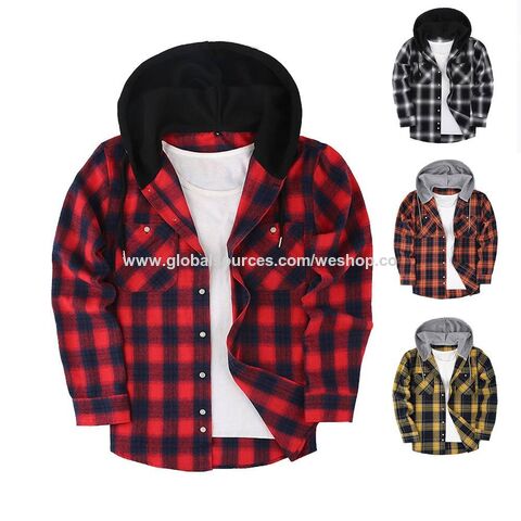 Herrenmäntel 2024 Frühling Neue Kollektion Lässige, lockere Flanellhemden mit langen Ärmeln und Kapuze im Karomuster für Herren for sale at factory direct price