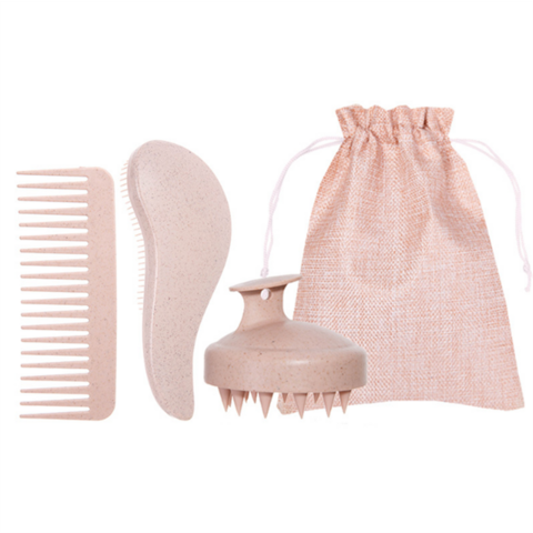 Escova de Massagem para Cuidado Capilar Fresco de Palha, Biodegradável, com Cabo Espesso, Conjunto de Escovas para Lavar o Cabelo