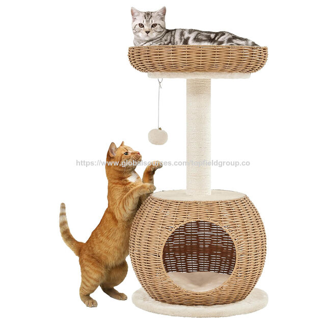 Torre de Escalada Interior com Poste Arranhador, Rattan Tecido, Luxo, Almofada Macia Superior, Árvore de Gato de Rattan, Condomínio para Gatinhos, Caverna/Casa para Gatos