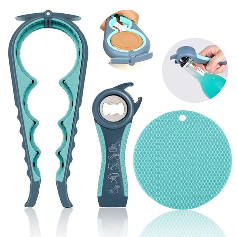 GU 5-in-1 Multifunktions-Flaschenöffner Deckelöffner für arthritische Hände mit rutschfester Gummi-Glasöffner-Griffunterlage (3-teiliges Set Blau)