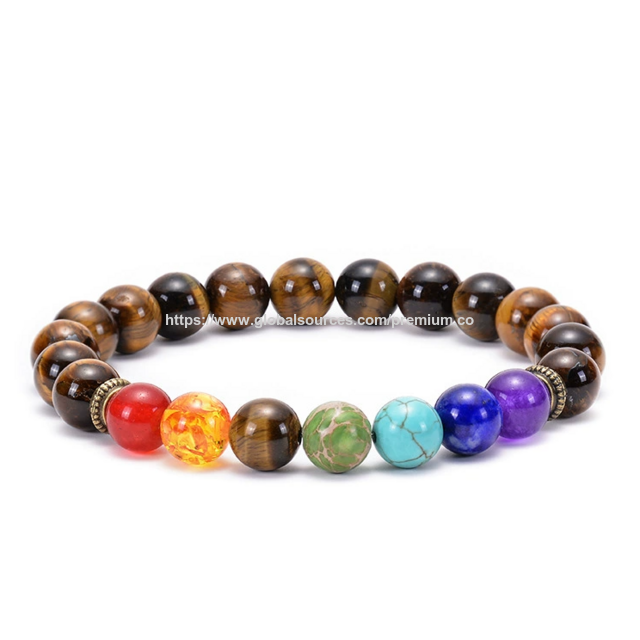 Pulsera Elástica de 8mm con Piedras de Lava y 7 Chakras, Piedra Natural, Pulsera Ojo de Tigre para Hombre y Mujer