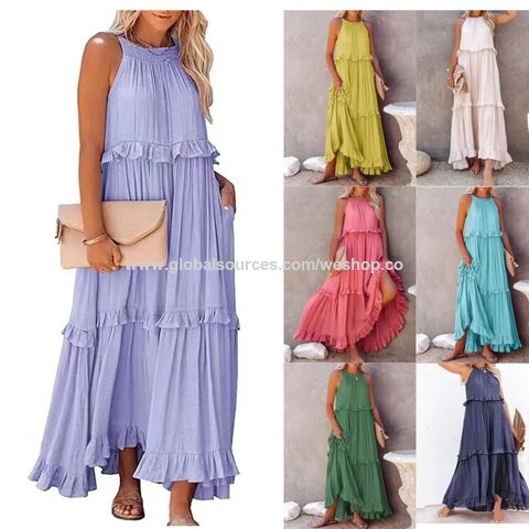 Faldas largas estilo europeo y americano para mujer, colección verano 2025 - Vestido largo de playa con volantes y vuelo amplio, ideal para vacaciones. for sale at factory direct price