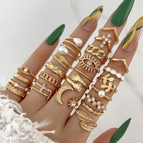 Anillos Apilables al por Mayor Diseño Moderno de Hoja, Ola, Perla y Ojo con Incrustaciones de Diamantes de Imitación para Atuendos Diarios y Accesorios de Fiesta