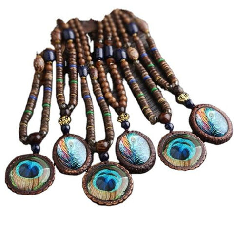 Nouveau Design Mode Collier Ethnique Plume de Paon Bijoux Népalais Long Pull Vintage Fait Main Bois de Santal Mala Collier
