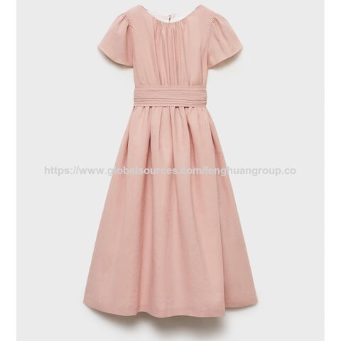 Vestido de lino para niña con volantes y cuello redondo - Venta al por mayor de vestidos infantiles de lino