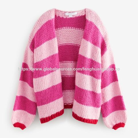 Rosa gestreifte, weiche, flauschige Strickjacke - Damen Strickjacken Großhandel Hersteller