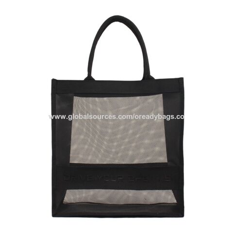Bolsa de playa de diseño de moda al por mayor, bolsa de compras de malla negra, fabricante de bolsas con logotipo bordado personalizado