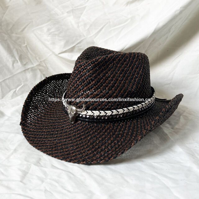 Chapéu de palha 100% de cor mista, chapéu de cowboy ocidental americano com cabeça de touro decorativa, designs personalizados são bem-vindos. Atacado de chapéus de palha.