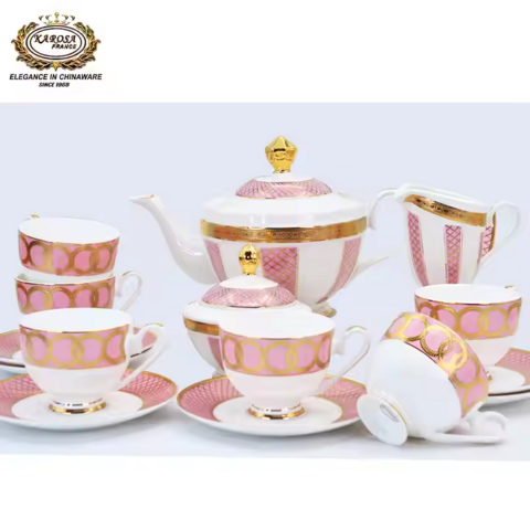 Karosa Ensemble de 17 pièces en porcelaine fine rose pour café et thé turc arabe, théière, tasse, luxueux et magnifique pour filles for sale at factory direct price