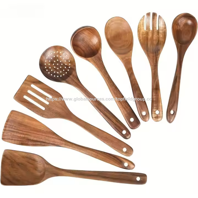 Utensílios de Cozinha 100% Naturais de Madeira Teca Livre de Toxinas: Colher, Espátula, Concha e Conjunto de Utensílios de Madeira para Cozinhar. Ferramentas de Cozinha de Alta Qualidade.