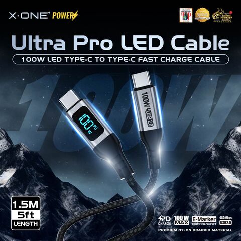 Cable X.One Ultra Pro PD 100W USB-C a USB-C con LED Digital para Carga Rápida, Compatible con SFC 2.0 para iPhone 15/16