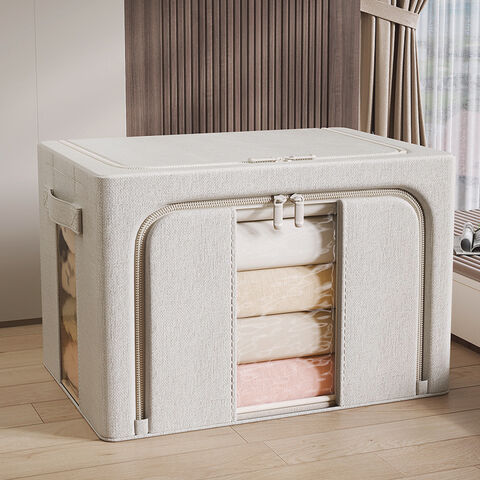 Boîte de Rangement Pliable en Tissu Grande Capacité avec Cadre en Acier, Tissu Épais en Coton et Lin, Vente en Gros