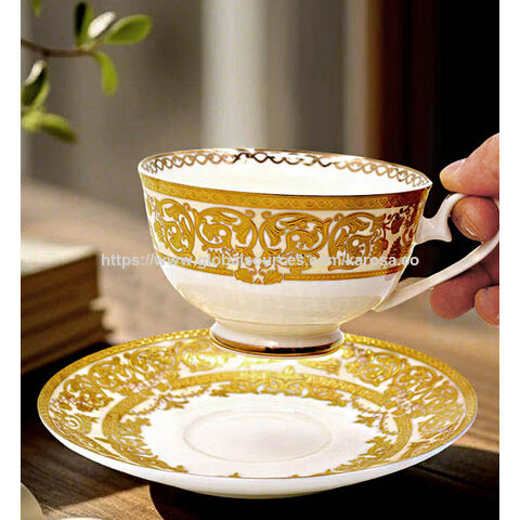 Juego de Taza de Café/Té Británico de Lujo Ligero Europeo de 200 cc, Apto para Lavavajillas, Taza de Café de Porcelana con Borde Dorado de Lujo, Regalos para el Hogar y Negocios for sale at factory direct price