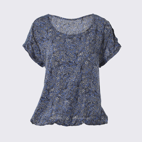 Blusa feminina por atacado com ombros caídos, mangas curtas enroladas, gola redonda e estampa de viscose Ditsy - Blusas for sale at factory direct price