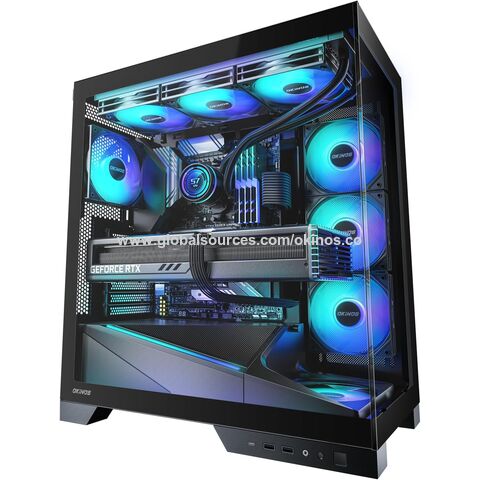 Okinos Aqua 9, caja de PC ATX, 5 × 120mm ARGB PWM ventilador preinstalado, radiador doble de 360mm, placa base compatible con conexión posterior, negro