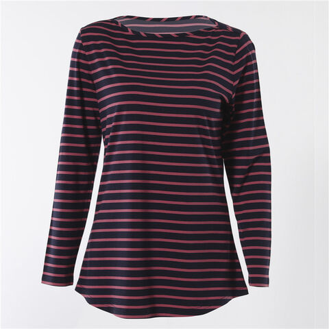 Atacado CynoLux OEM Camiseta Casual Listrada Feminina, Camiseta de algodão listrada confortável para mulher, Manga Comprida, Gola Redonda, Detalhe de vivo nos ombros for sale at factory direct price