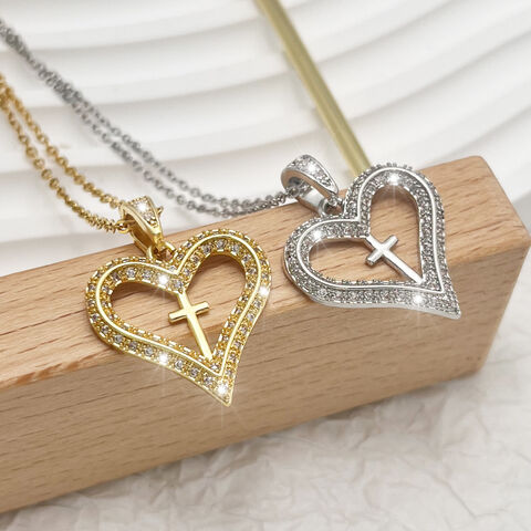 Kalung Wanita Fashion Hati, Cinta, dan Salib Stainless Steel Lapis Emas 18K - Perhiasan Grosir for sale at factory direct price
