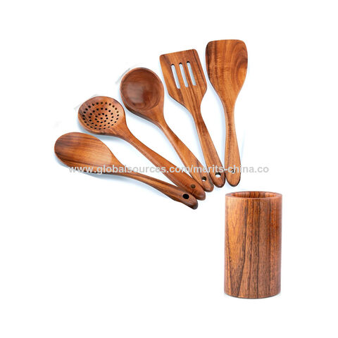 Juego de 5 cucharas de madera con soporte para cocinar, utensilios de cocina de madera, juego de espátula, volteador, espumadera y cuchara ranurada no tóxicos
