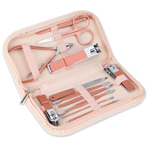 Set de manucure portable 12 en 1 en acier inoxydable martensitique or rose avec étui en cuir rose - Coupe-ongles et outils de beauté professionnels