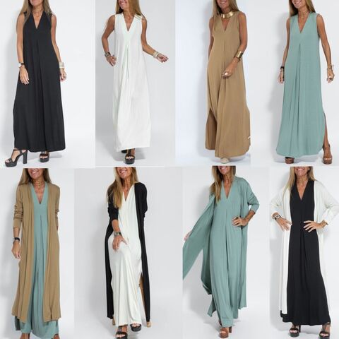 Vestido Maxi Feminino, Cor Sólida, Sexy, Decote em V, Irregular, Babados, Sem Mangas, Casual, Solto, Liso, Casaco Cardigan Longo