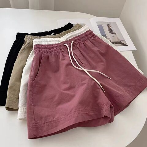 Calções de Verão Soltos de Cintura Elástica, Perna Larga e Efeito Emagrecedor, Algodão Lavado, Cintura Alta, Linha A, Shorts Casuais de Cinco Pontos for sale at factory direct price