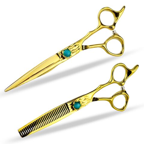 Tijeras de peluquería doradas de 6.0 pulgadas, tijeras planas, tijeras de entresacar, tijeras de peluquería para mascotas, suministro de peluquería