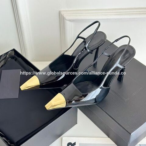 Sandal Slingback Hak Tinggi Wanita 2024, Ujung Tertutup, Detail Logam Emas, Sepatu Pesta Gaun Stiletto Seksi dan Dewasa