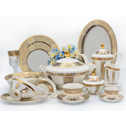 98-teiliges europäisches Luxus-Geschirrset im klassischen Stil aus hochwertigem Bone China mit Teeservice