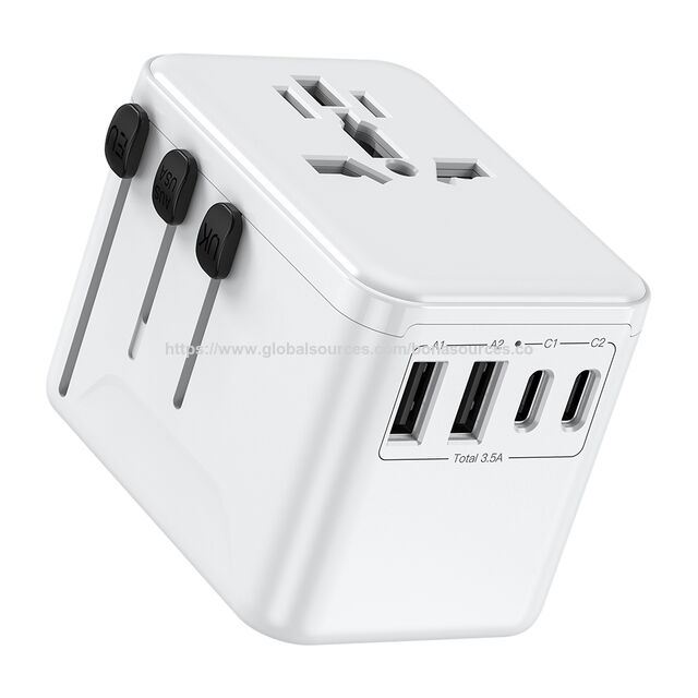 Adaptador de Tomada de Viagem Internacional para Múltiplos Dispositivos de Mesa com 2 Portas USB-C + 2 Portas USB-A, Adaptador de Carregamento com Plugues EU US AUS UK