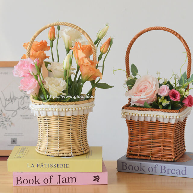 Cesta de mimbre tejida a mano para arreglos florales, fruta de picnic, decoración del hogar, almacenamiento y regalo – Cesta de exhibición de flores secas