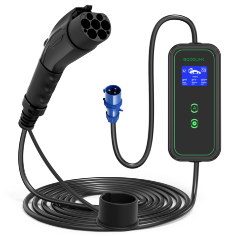 شاحن Ev محمول من Goodlink 11 كيلو وات 3 مراحل 16A 32A نوع قابل للتعديل 2 جيجابايت مع شاشة LCD لسيارة EVSE مع تطبيق Tuya OEM ODM