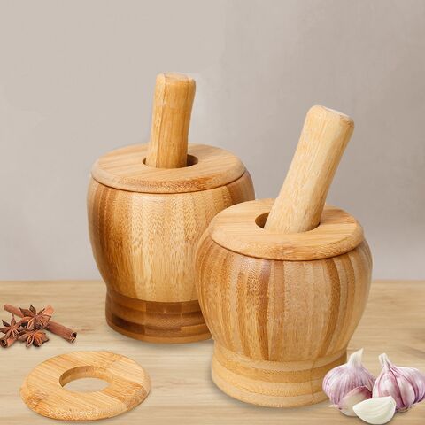 Presse-ail en bambou naturel pur, presse-ail manuelle sûre pour la maison, mortier en bois de bambou de qualité supérieure et tasse à piler pour médicaments