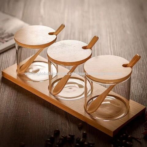 Juego de tres piezas de tarros de vidrio sellados para cocina, tapa de bambú con cuchara, tarro de almacenamiento de condimentos de vidrio de borosilicato alto for sale at factory direct price