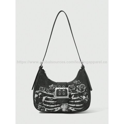 Sac à main bandoulière unique en forme de lune avec graffiti de roses, petit sac à main rétro pour femmes