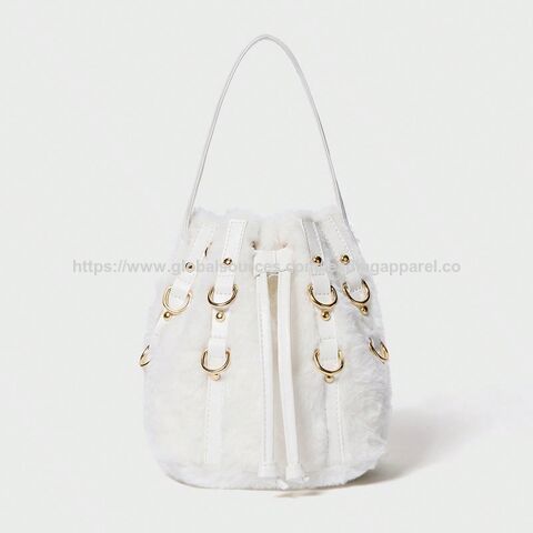 Wholesale Lady Designed Gold Metal Buckle Decorative Plush Leather Splicing Bucket Bag Drawstring Handbag Evening Bag for Women for sale at factory direct price