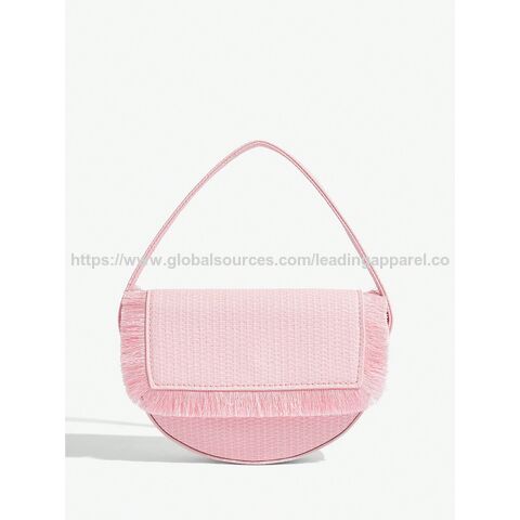 Seaside Vacation Pink Straw Bag Half-moon Shape Saddle Bag Flip Tassel Bag Shoulder Armpit Handbag Evening Bag for Women for sale at factory direct price